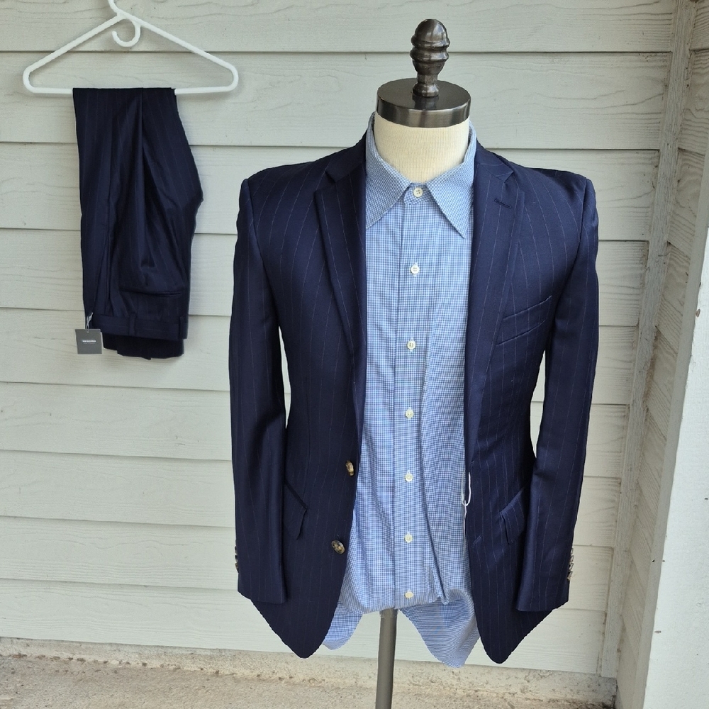 INDOCHINO Recent Dark Navy‎ Striped Wool Sz 34 R Mens Suit Pants Jacket NEW